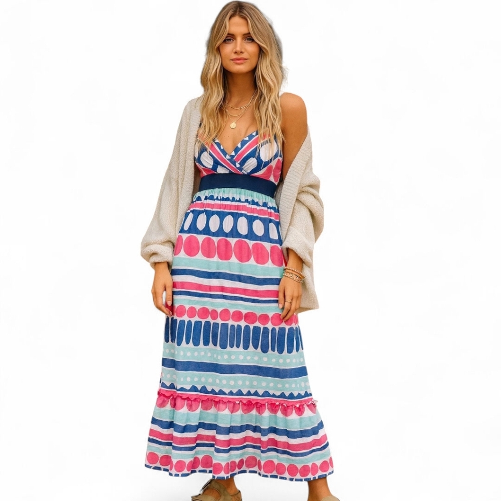 Vineyard Vines Carolina Ocean Splash Maxi Dress | Coastal Cotton Silk Sz 8‎